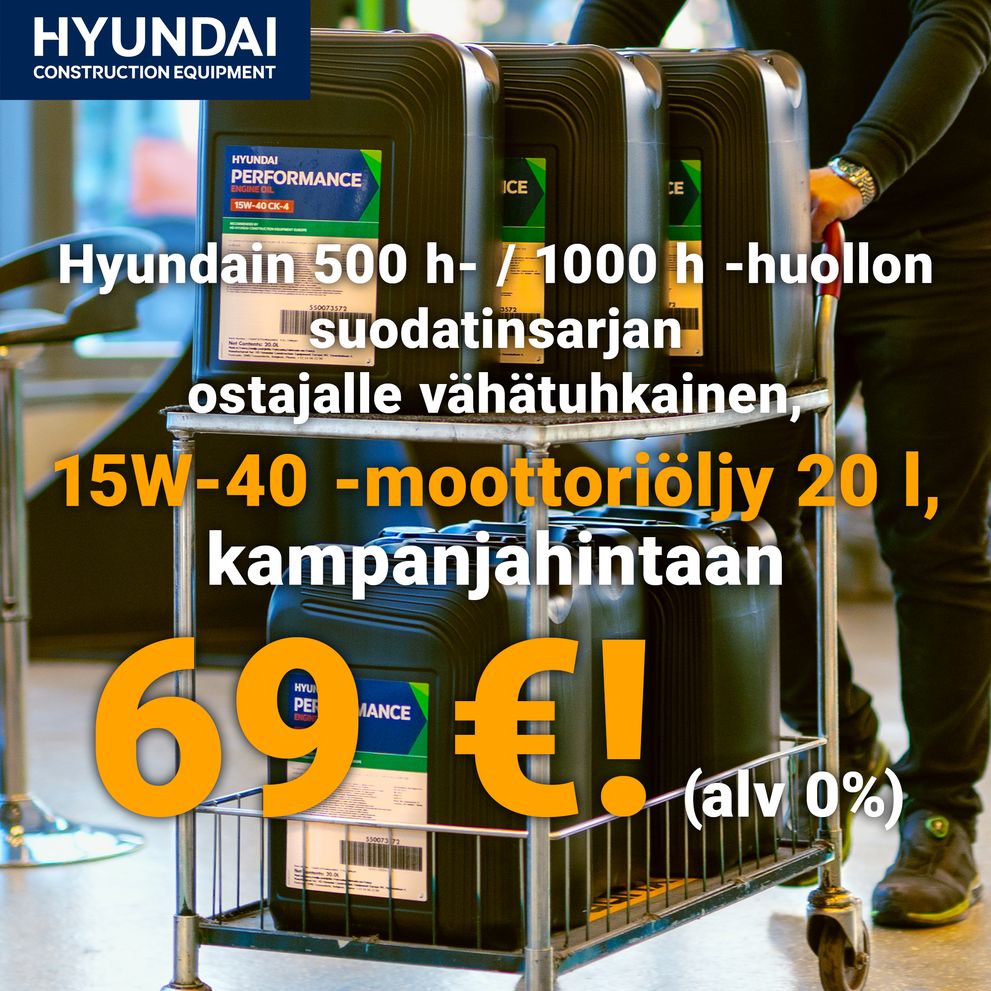 Hyundain 500 h- / 1000 h -huollon suodatinsarjan ostajalle vähätuhkainen, 15W-40 -moottoriöljy 20 l kampanjahintaan – 69 € (alv 0%)!