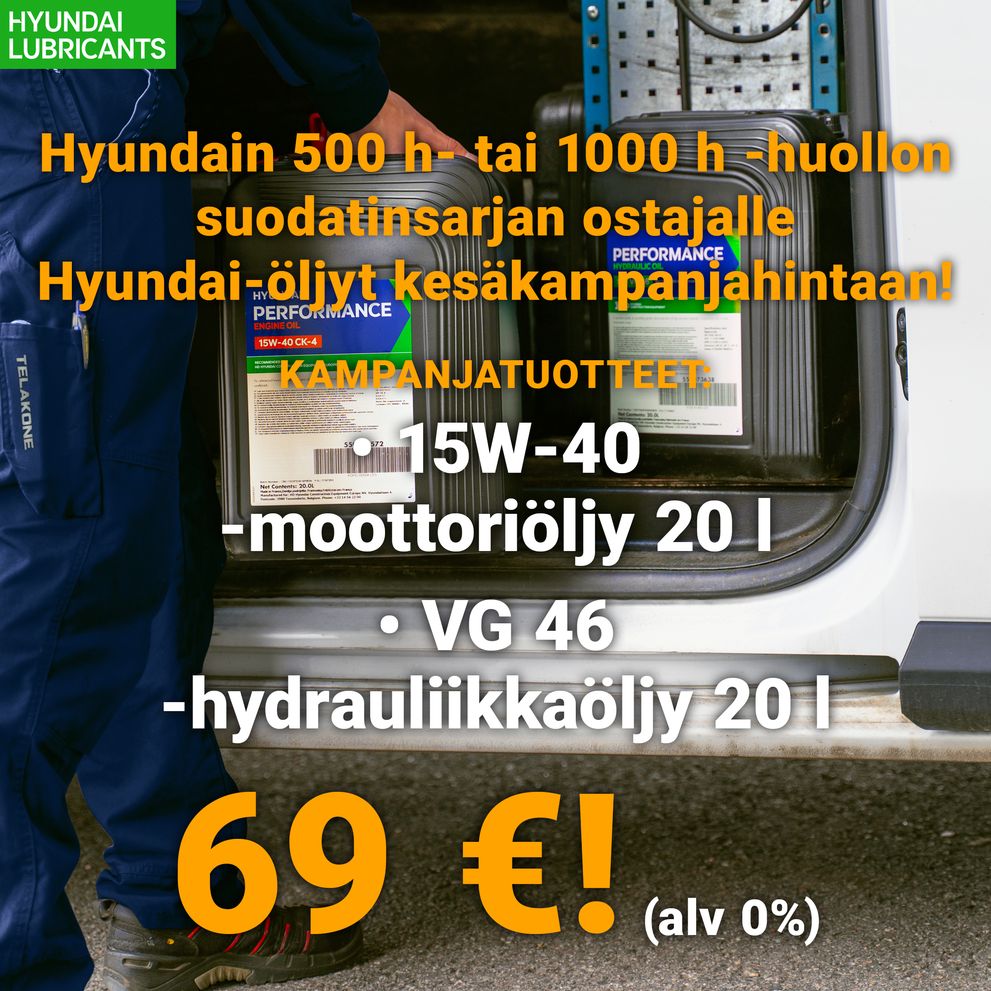 Hyundain 500 h- tai 1000 h -huollon suodatinsarjan ostajalle Hyundai-öljyt kampanjahintaan!