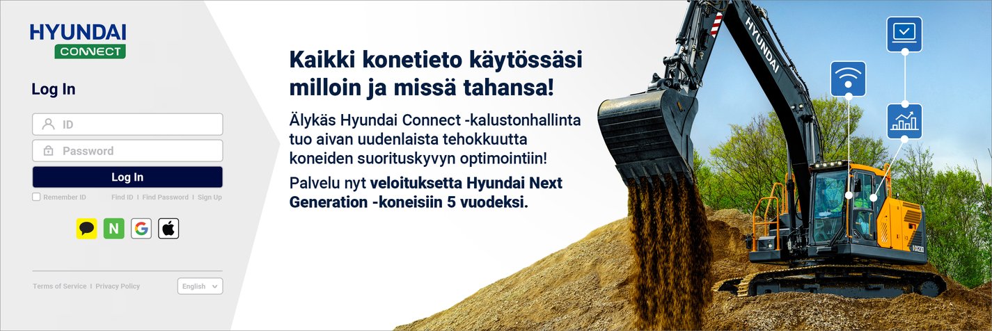 Hyundai Connect on uusi älykäs kalustonhallintajärjestelmä, joka pitää sinut ajan tasalla koneittesi suorituskyvystä jatkuvasti .