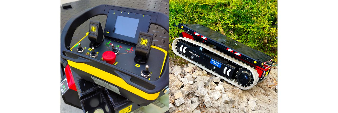 Tela-alustainen kuljetin Alma Crawler Multi-Loader 3.0 FX on varustettu näytöllisellä kauko-ohjaimella.
